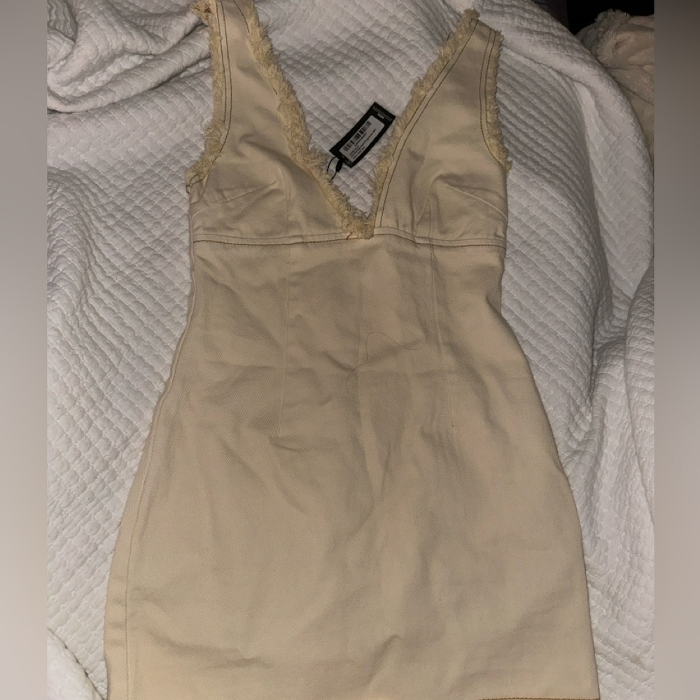 Cream Denim Mini Dress with V Neck and Ruffles